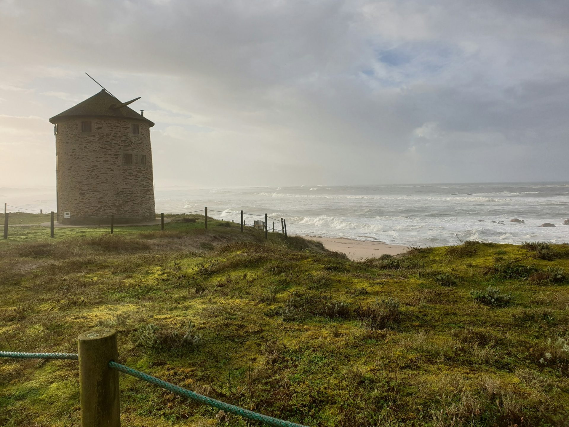 brown concrete building on green grass field near sea under white clouds during daytime